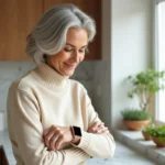 Femme senior élégante avec cheveux argentés regardant sa montre connectée dans une cuisine moderne