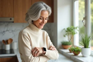 Femme senior élégante avec cheveux argentés regardant sa montre connectée dans une cuisine moderne