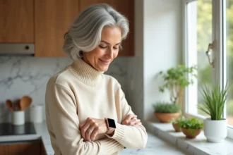 Femme senior élégante avec cheveux argentés regardant sa montre connectée dans une cuisine moderne