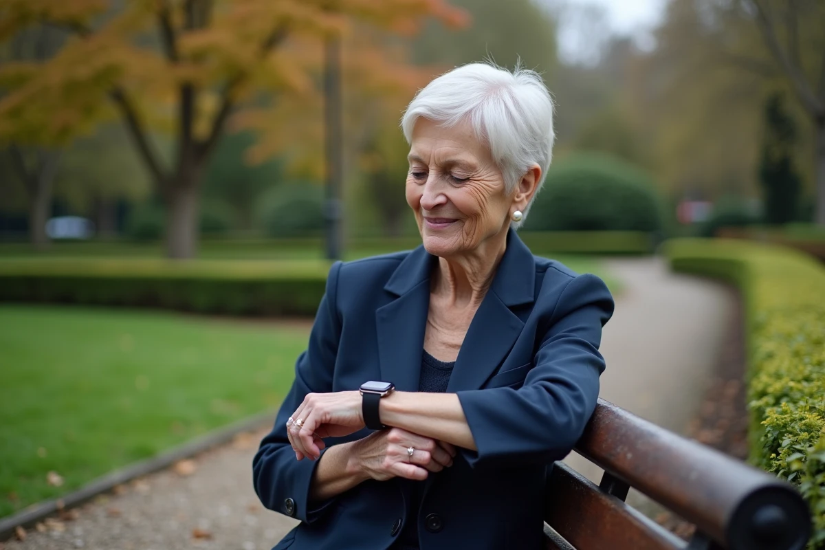 Femme senior active consultant sa montre connectée assise sur un banc dans un jardin public
