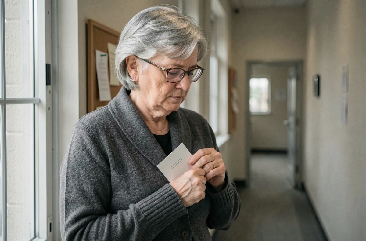 Femme senior émue tenant un mot de départ à la retraite dans un couloir de bureau