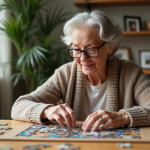 Femme senior assemble un puzzle dans un salon lumineux