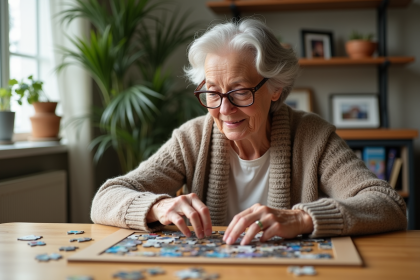 Femme senior assemble un puzzle dans un salon lumineux