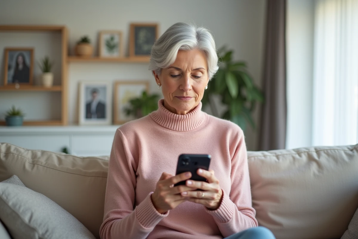 Femme senior de 68 ans consultant un site de rencontre sérieux sur son smartphone depuis son salon