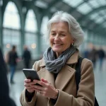 Femme âgée souriante utilisant son smartphone dans une gare
