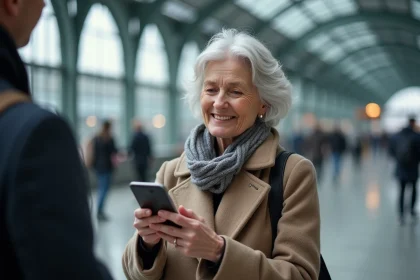 Femme âgée souriante utilisant son smartphone dans une gare