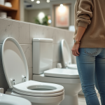 Femme examinant des sièges de toilettes modernes en showroom