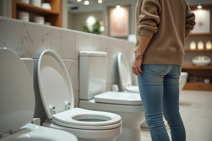 Femme examinant des sièges de toilettes modernes en showroom