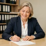 Femme cadre en fin de carrière signant sa lettre de départ à la retraite avec congés payés dans un bureau professionnel