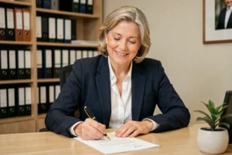 Femme cadre en fin de carrière signant sa lettre de départ à la retraite avec congés payés dans un bureau professionnel