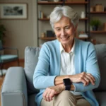 Femme âgée ajustant sa smartwatch dans un salon moderne
