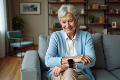 Femme âgée ajustant sa smartwatch dans un salon moderne