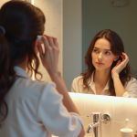 Femme appliquant un serum capillaire dans sa salle de bain