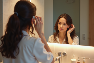 Femme appliquant un serum capillaire dans sa salle de bain
