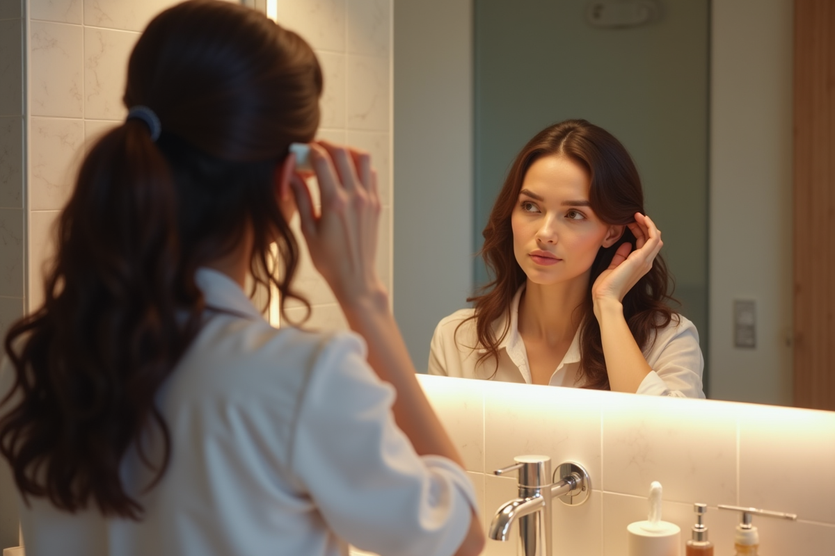 Femme appliquant un serum capillaire dans sa salle de bain
