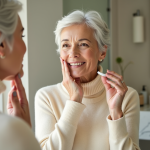 Femme élégante appliquant soin visage dans salle de bain