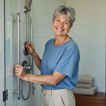 Femme souriante avec barre de maintien dans la douche