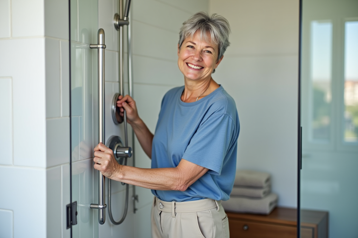 Femme souriante avec barre de maintien dans la douche