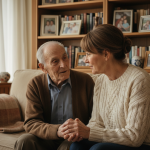 Femme en pull côtelé soutenant un homme âgé à la maison