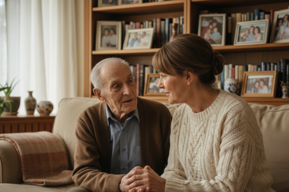 Femme en pull côtelé soutenant un homme âgé à la maison