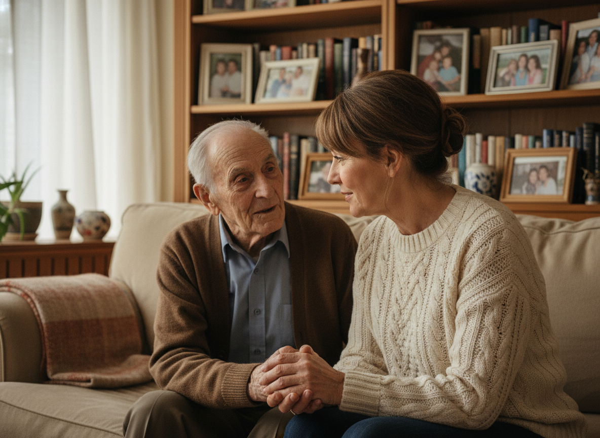 Femme en pull côtelé soutenant un homme âgé à la maison