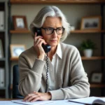 Femme d'âge moyen parlant au téléphone dans un bureau à domicile