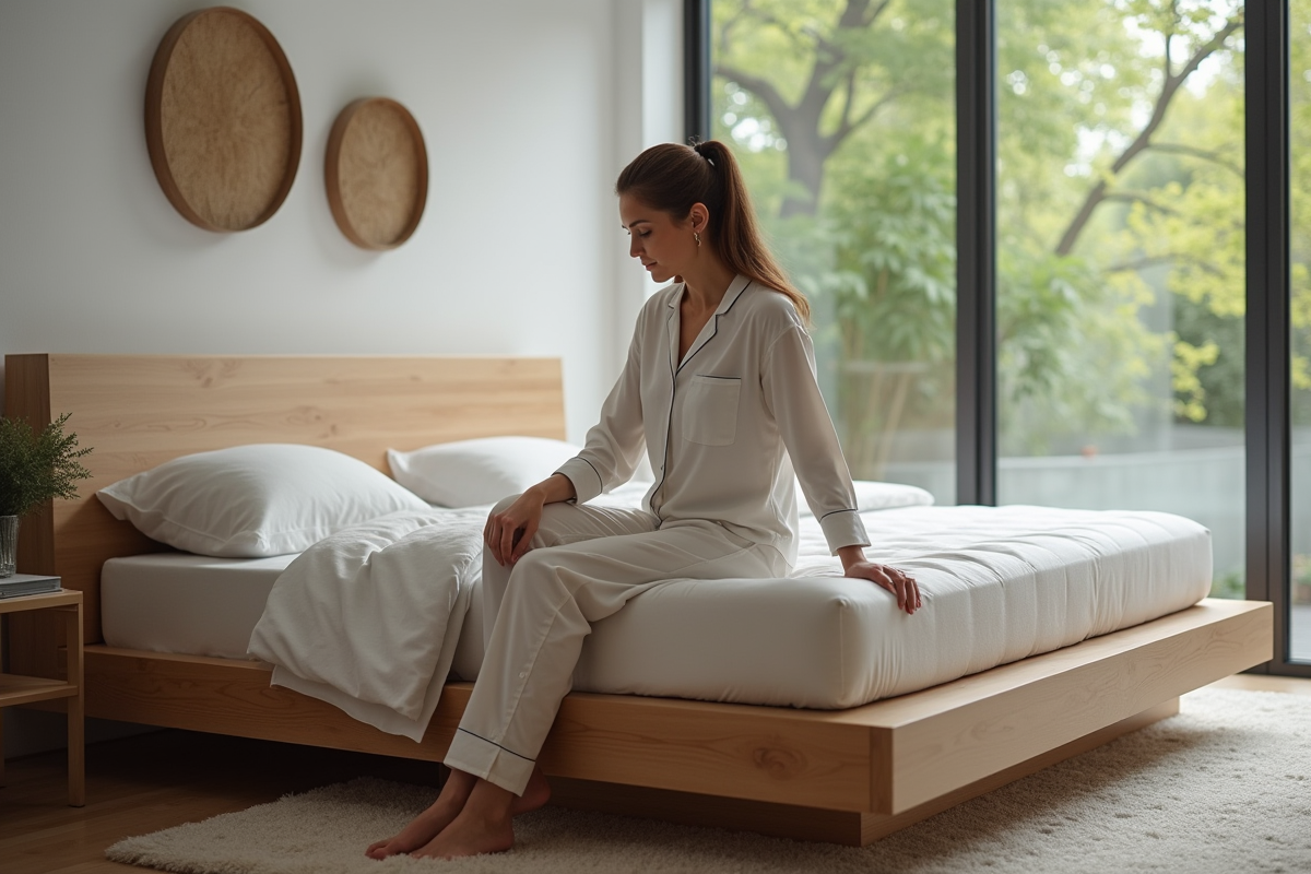 Femme testant la fermete du matelas dans une chambre naturelle