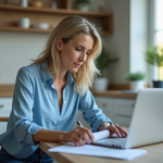 Femme de 40 ans travaillant à la maison dans une cuisine lumineuse