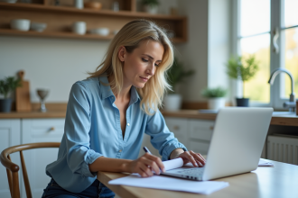 Femme de 40 ans travaillant à la maison dans une cuisine lumineuse