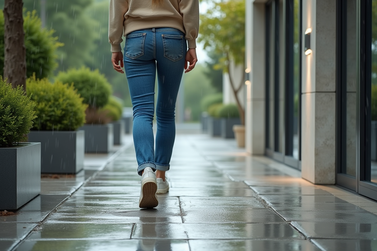 Jeune femme marchant sur des dalles antislip mouillées
