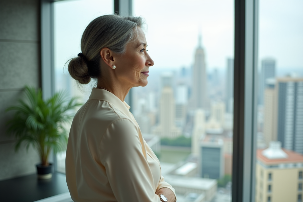 Femme d age moyen regardant la ville depuis une fenetre
