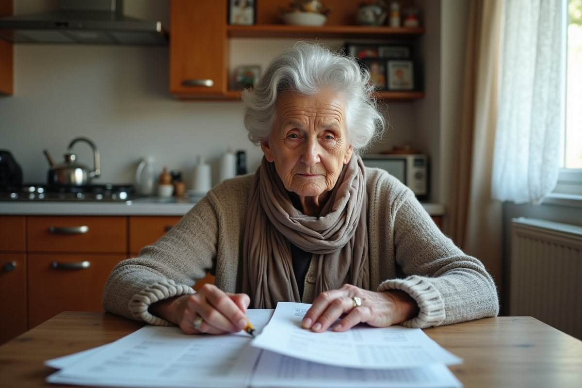 Femme âgée examinant des factures dans une cuisine chaleureuse