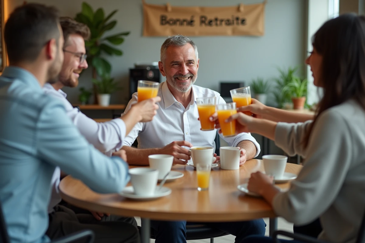Homme souriant fêtant son départ à la retraite avec ses collègues autour d'une table en salle de pause, levant des verres pour un toast