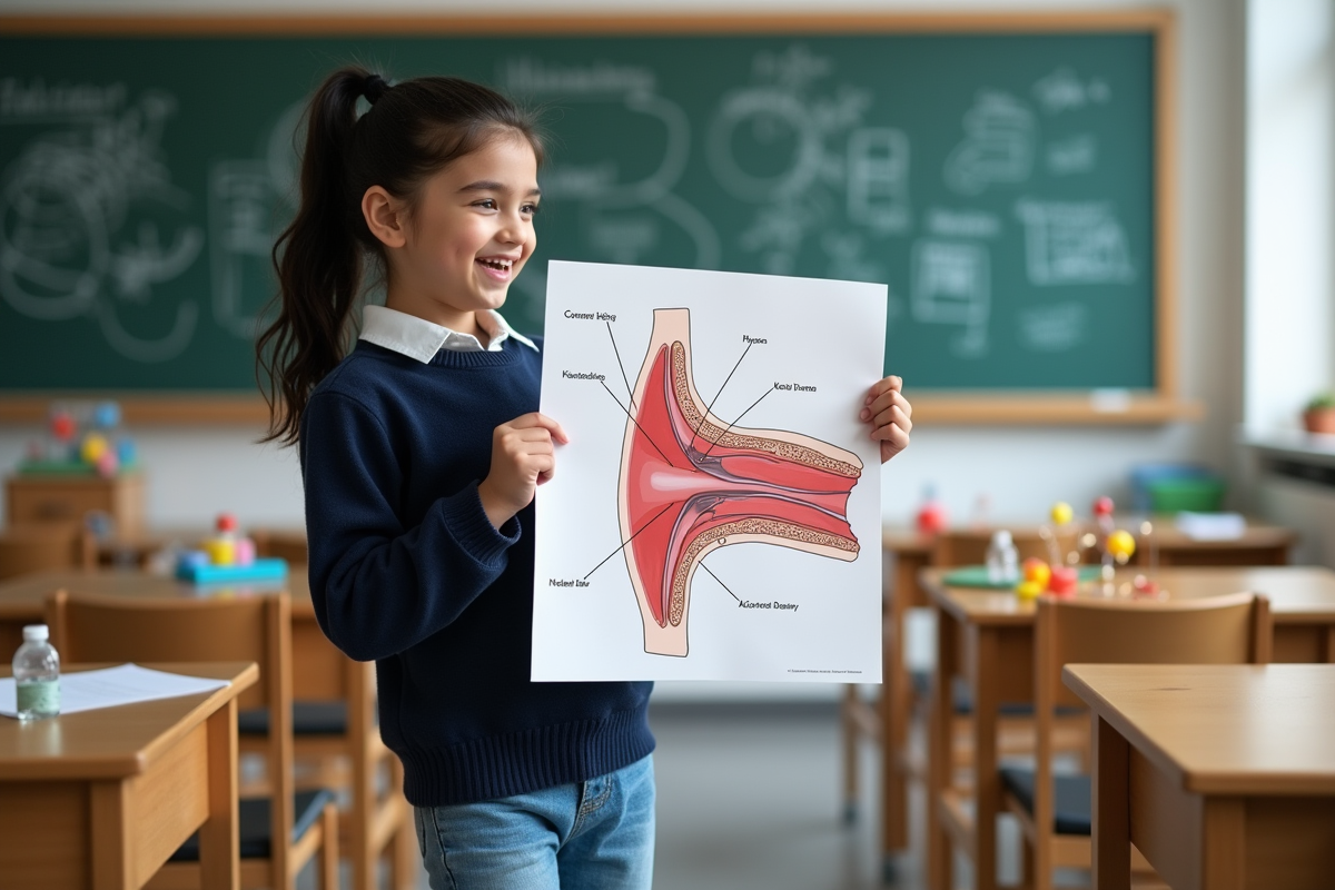 Jeune fille en classe tenant une affiche de l