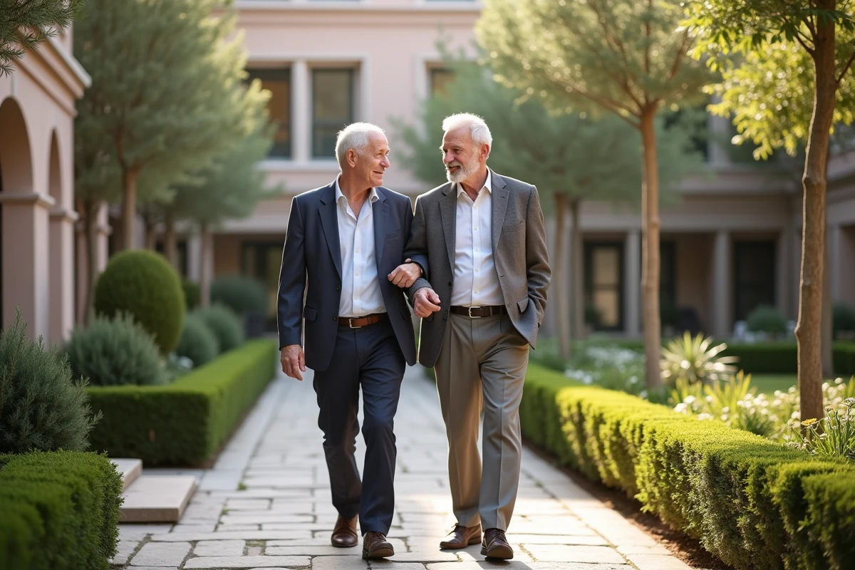 Fils marche avec son père dans le jardin de l