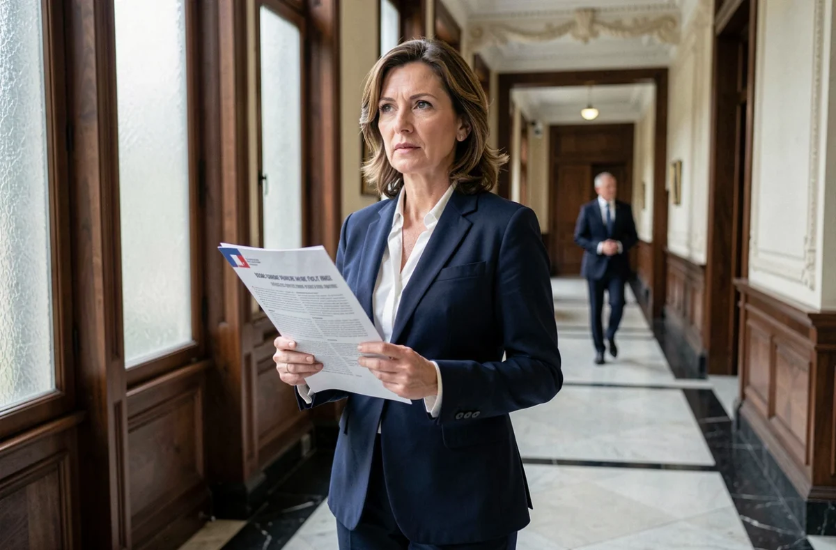 Fonctionnaire gouvernementale française portant un rapport sur la réforme de la taxe retraite dans un couloir institutionnel