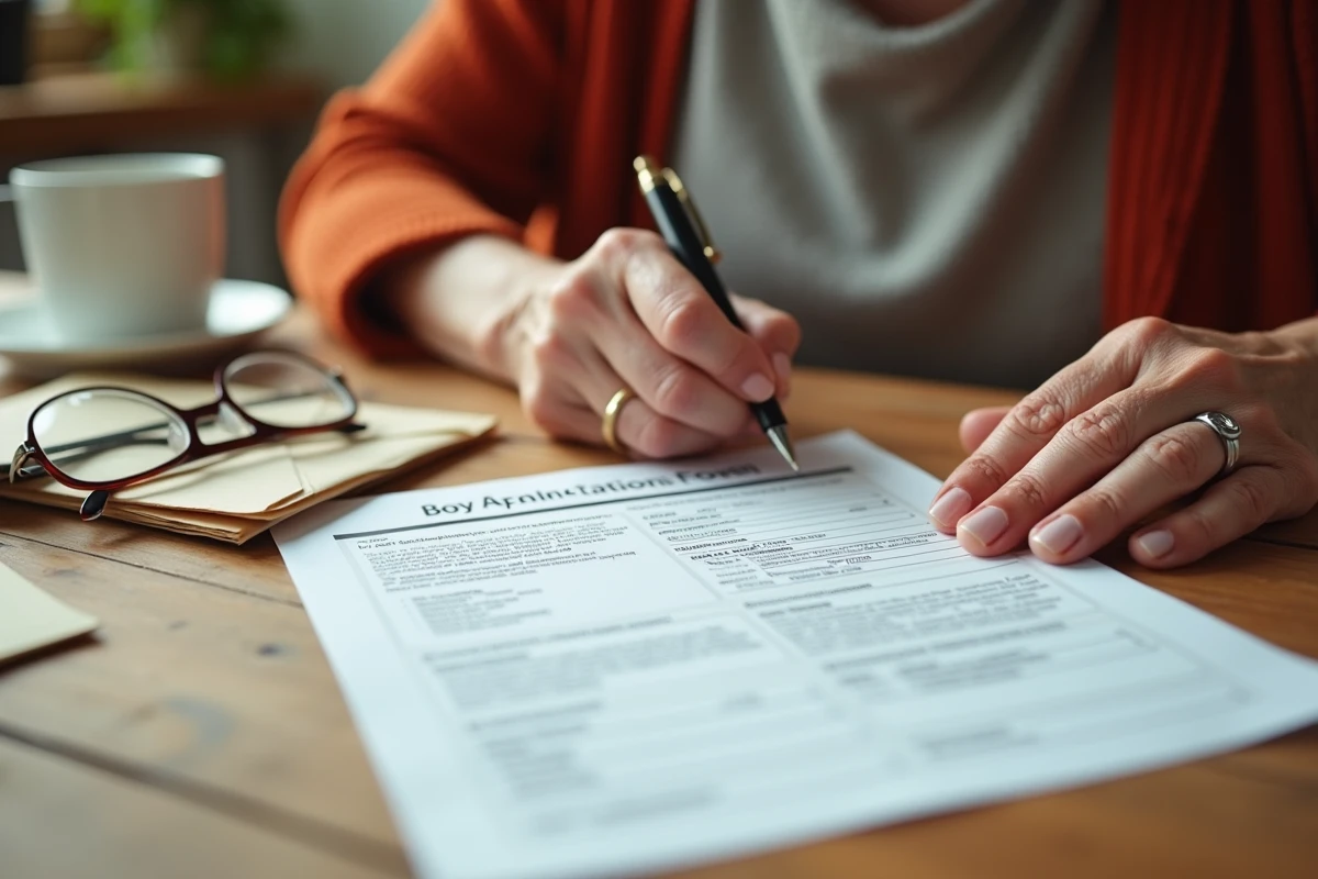 Mains d'une personne âgée remplissant un formulaire de demande d'aide financière pour une maison de retraite à domicile