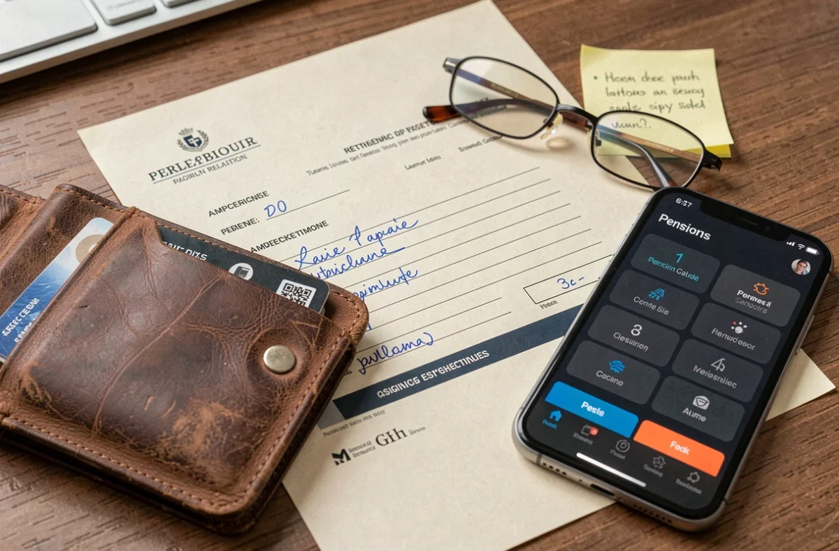 Gros plan sur un formulaire de demande de retraite rempli, une carte vitale et un smartphone affichant un simulateur de pension