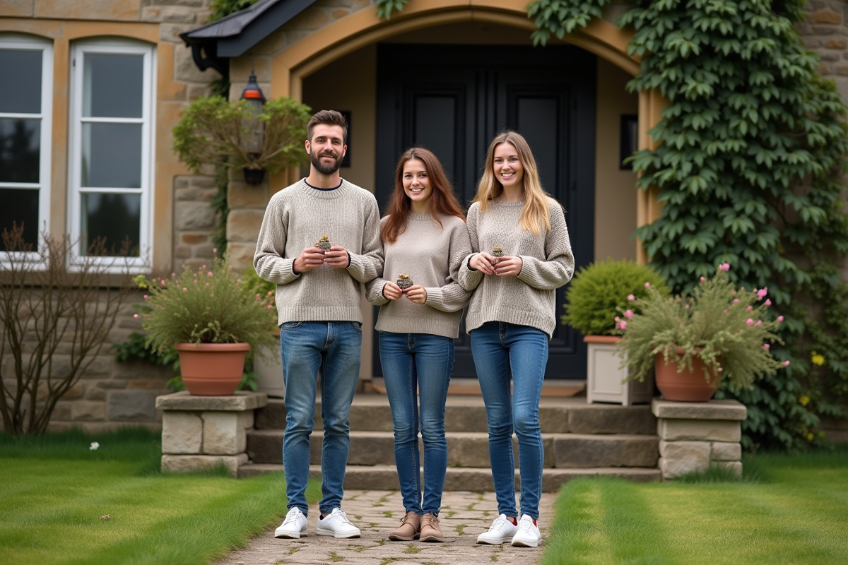 Trois frères et sœurs devant une maison en pierre avec souvenirs d