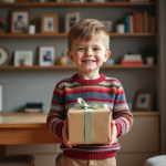 Garçon souriant avec cadeau dans un salon chaleureux