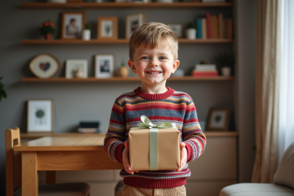 Garçon souriant avec cadeau dans un salon chaleureux