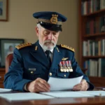 Gendarme en uniforme examinant ses papiers de retraite