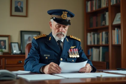 Gendarme en uniforme examinant ses papiers de retraite