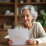 Grand-mère de 70 ans lisant une carte d'anniversaire écrite par ses petits-enfants avec émotion