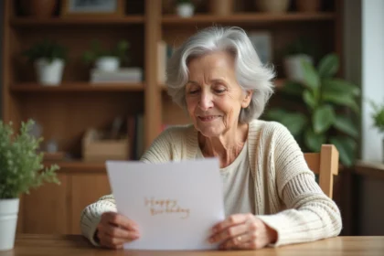 Grand-mère de 70 ans lisant une carte d'anniversaire écrite par ses petits-enfants avec émotion
