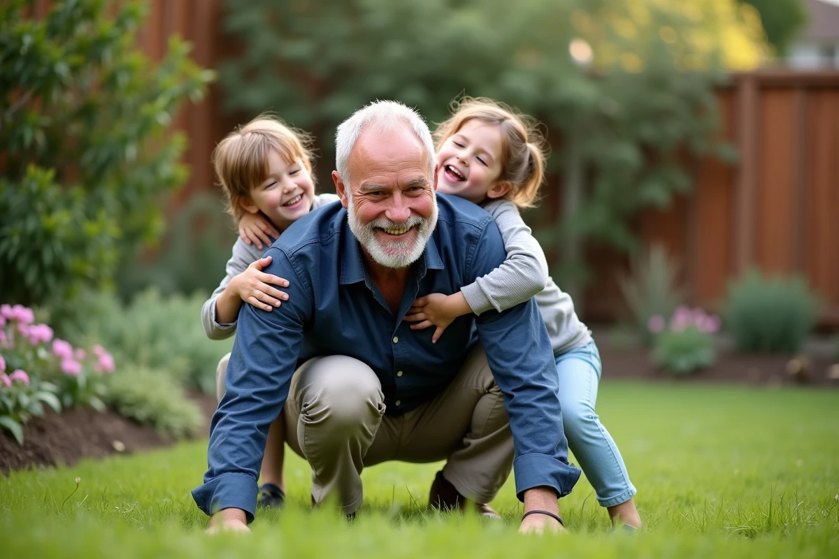 Grand-père fêtant ses 70 ans entouré de ses petits-enfants dans un jardin fleuri