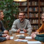 Groupe diversifié en discussion dans un salon chaleureux
