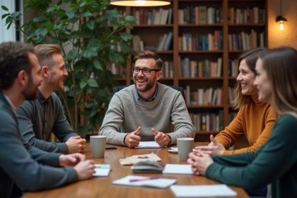 Groupe diversifié en discussion dans un salon chaleureux