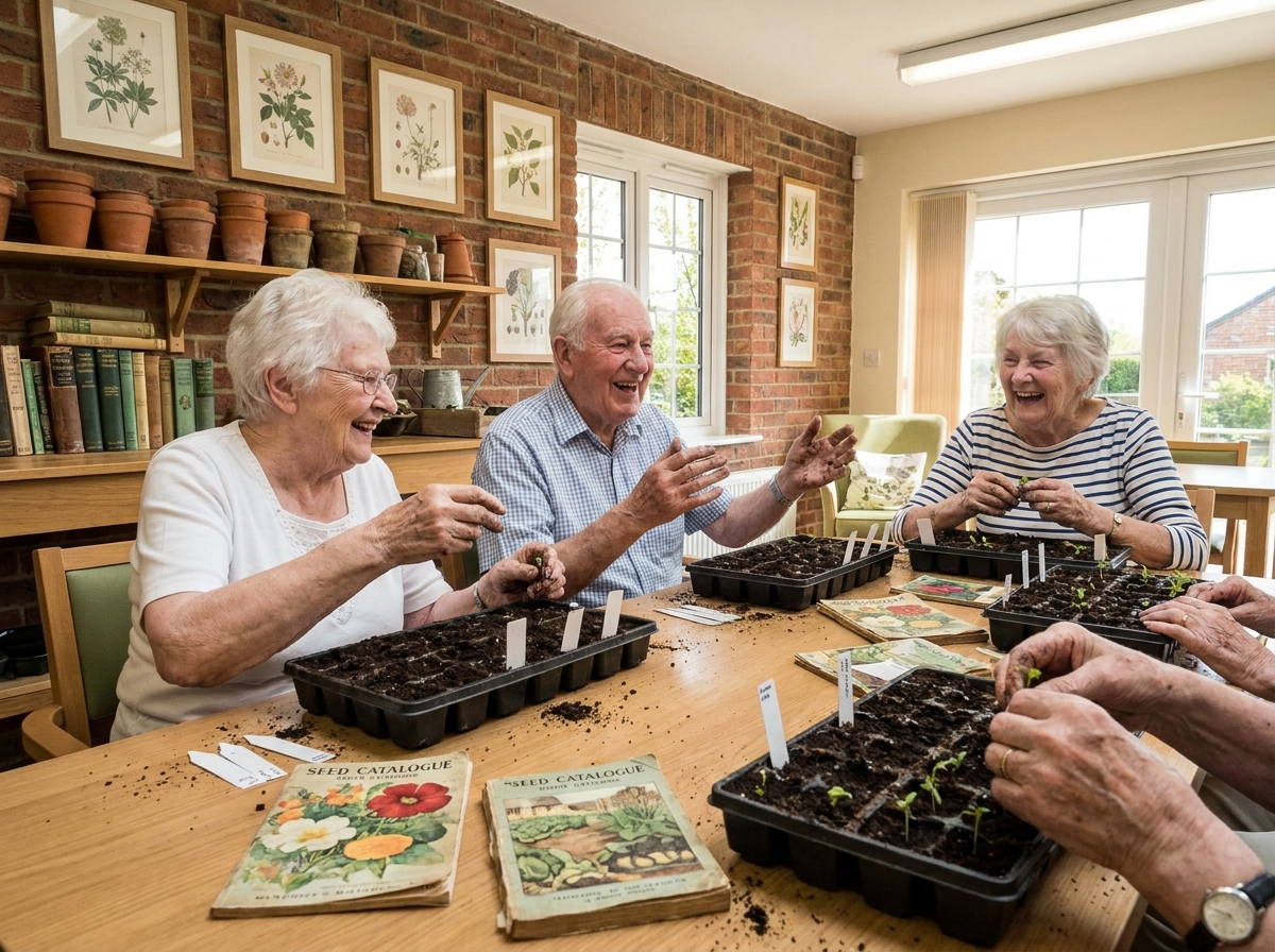 Groupe de résidents âgés replantant des semis ensemble dans une salle d'activités de maison de retraite, ambiance chaleureuse et conviviale