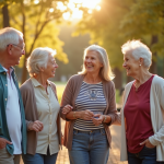 Groupe de retraités souriants dans un parc ensoleille